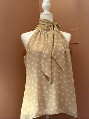 White House Black Market Tan Polka Dot Tie-Neck Halter Top